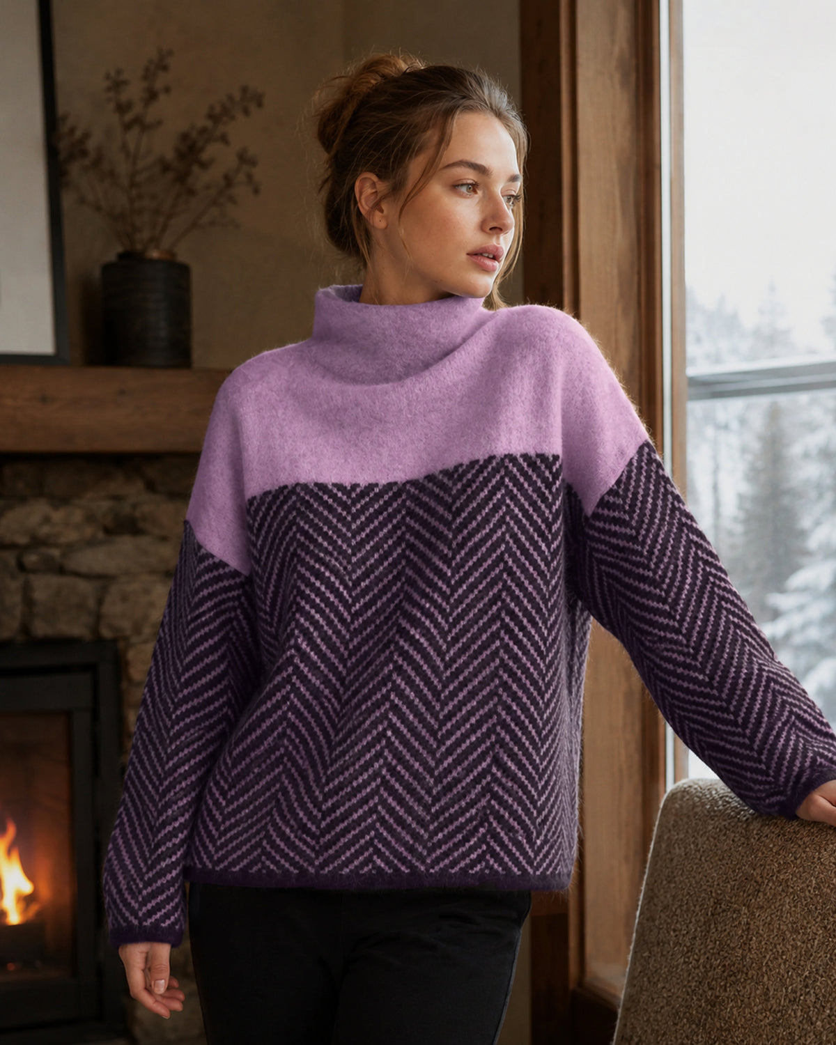 Women's turtleneck sweater cashmere blend, oversized chevron pattern winter knit