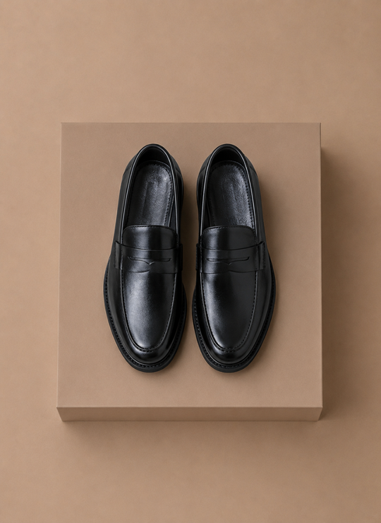 Men's Leather Loafers | Penny Strap, Slip-On | Black