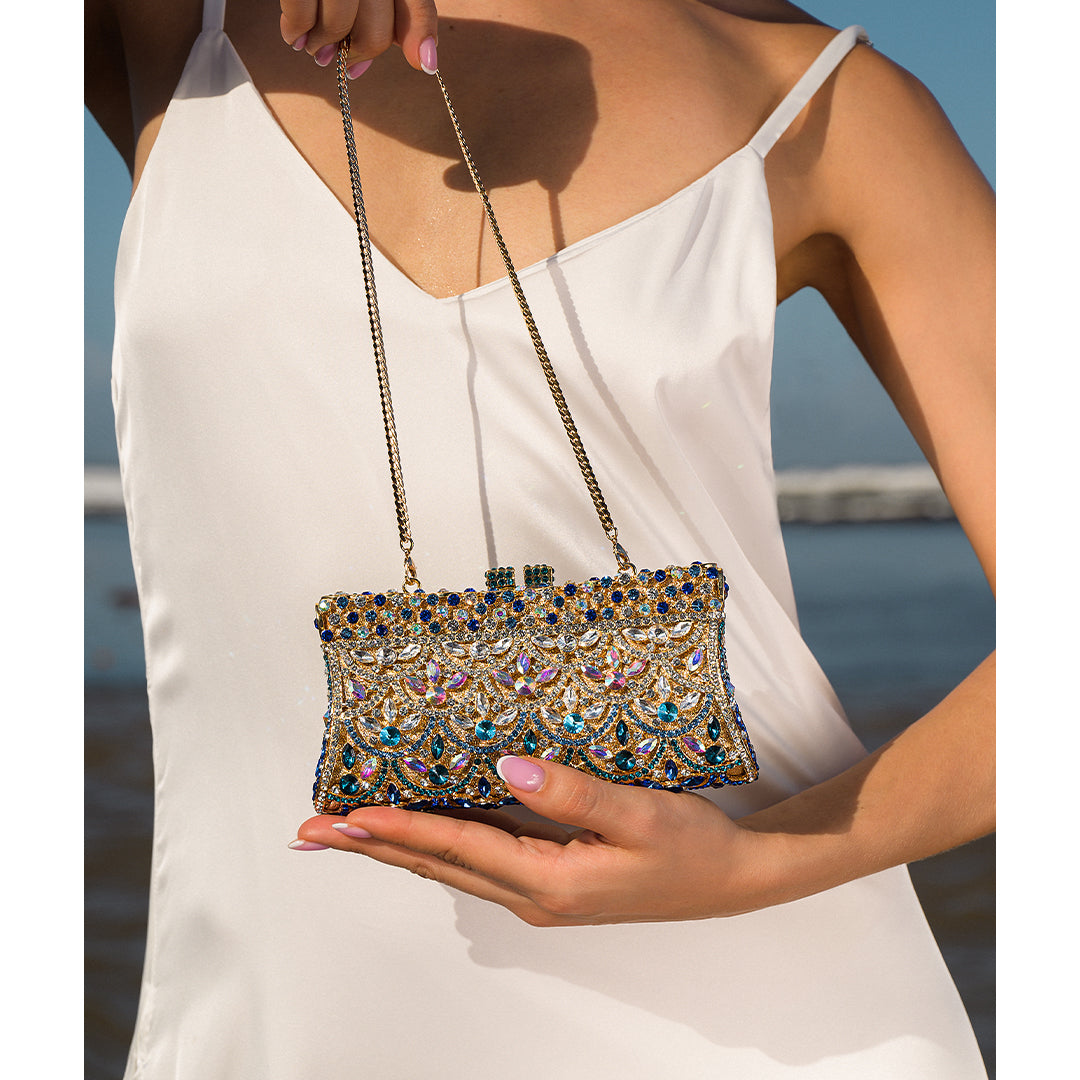 Crystal evening clutch bag gold and blue rhinestone ornament pattern, women's formal clutch