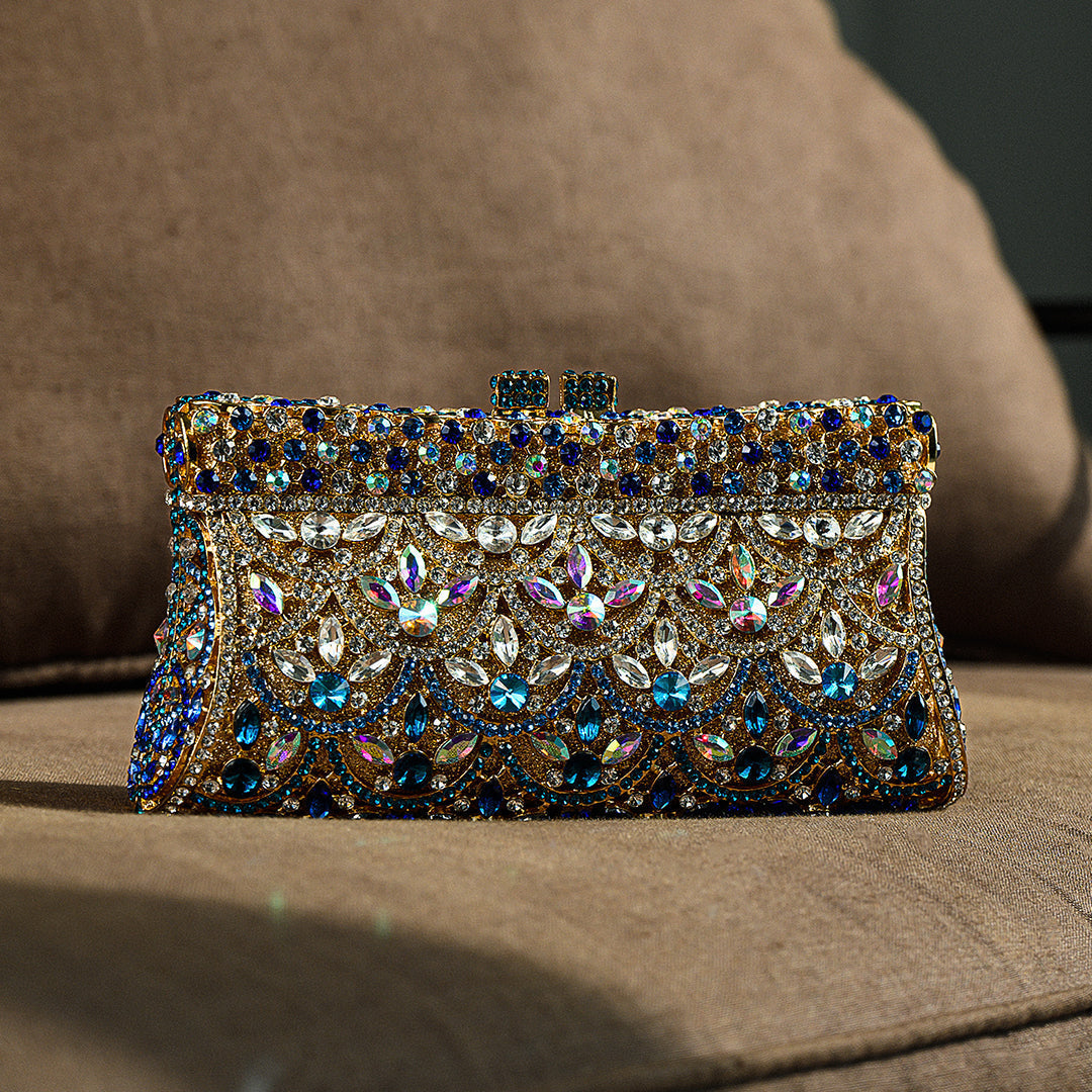 Crystal evening clutch bag gold and blue rhinestone ornament pattern, women's formal clutch