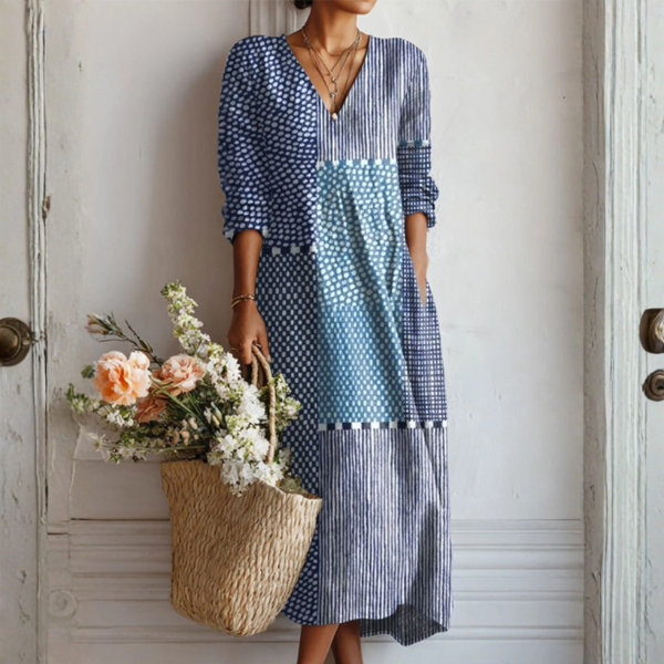 Women's retro dress with abstract geometry print, relaxed fit with pockets