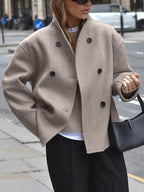 Women's button coat relaxed fit plush fabric, available in Brown, Grey, Black, Khaki
