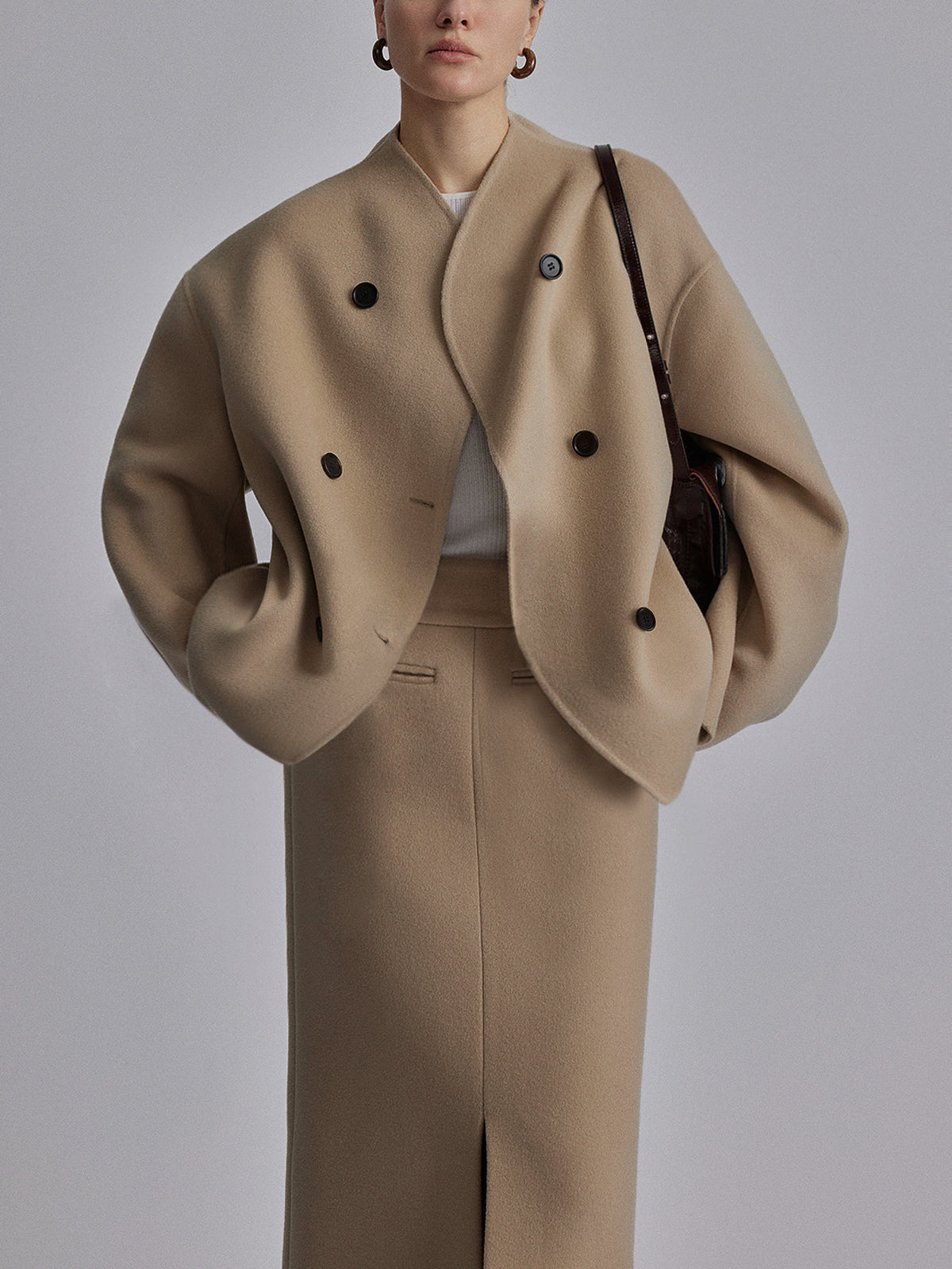 Women's button coat relaxed fit plush fabric, available in Brown, Grey, Black, Khaki
