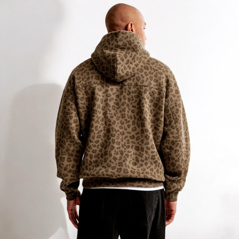 Men oversized leopard print hoodie with kangaroo pocket and adjustable drawstring