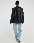 Women's oversized PU leather jacket in brown and black, relaxed fit streetwear style