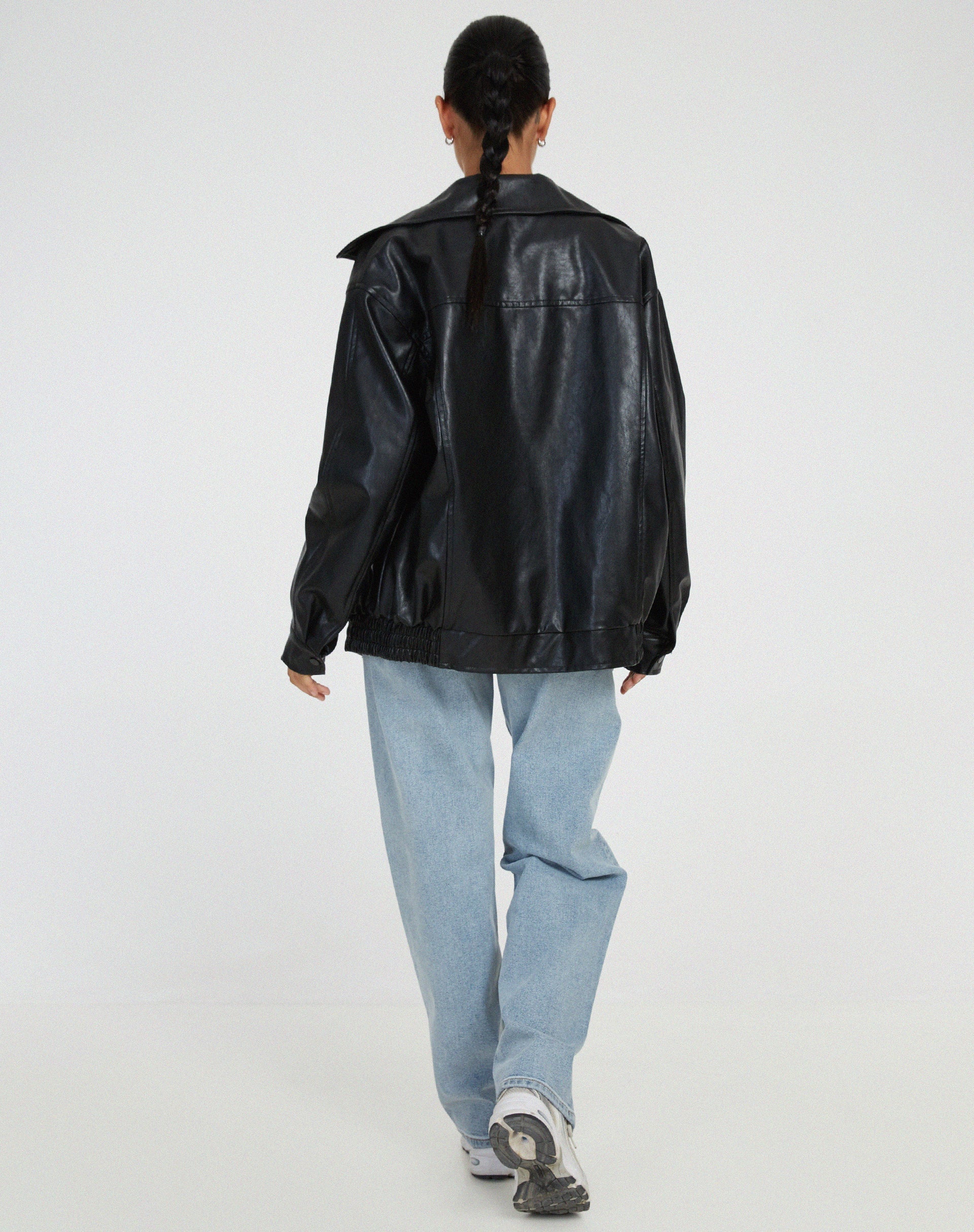 Women's oversized PU leather jacket in brown and black, relaxed fit streetwear style