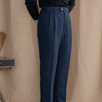 Men's herringbone wool trousers high waist pleated front tailored fit