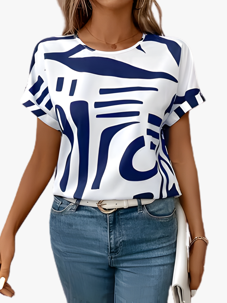 Women's abstract print t-shirt in white, short sleeve round neck summer top