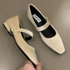 Women's ballet flats with adjustable pearl strap and pointed toe, available in beige, red and black