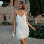 Mini Dress Women Fitted Bodycon Feather Embellished