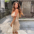 Mini Dress Women Fitted Bodycon Feather Embellished