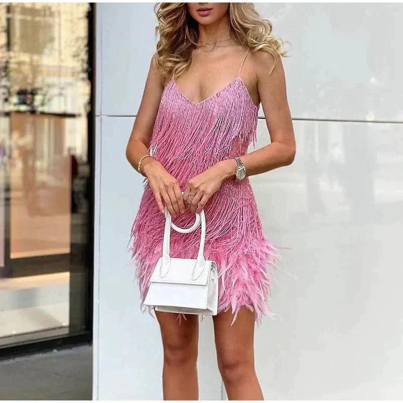 Mini Dress Women Fitted Bodycon Feather Embellished