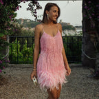 Mini Dress Women Fitted Bodycon Feather Embellished