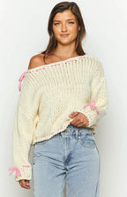 Women chunky knit pullover one shoulder with contrast bow detail
