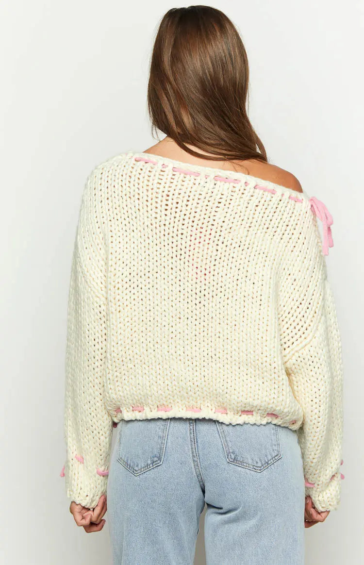 Women chunky knit pullover one shoulder with contrast bow detail