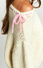 Women chunky knit pullover one shoulder with contrast bow detail