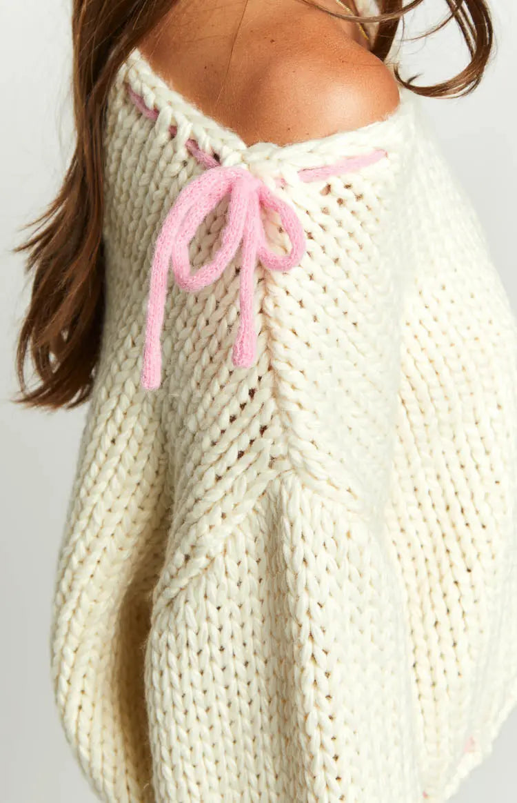 Women chunky knit pullover one shoulder with contrast bow detail