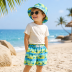 Kids 2 piece printed swim shorts and bucket hat set, quick-dry toddler swimwear