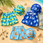 Kids 2 piece printed swim shorts and bucket hat set, quick-dry toddler swimwear