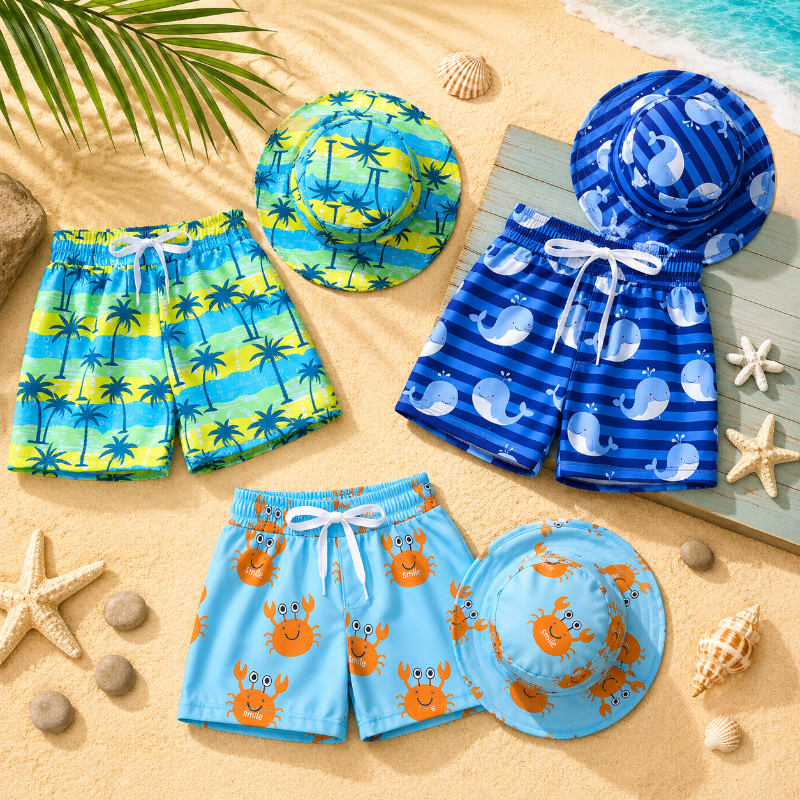 Kids 2 piece printed swim shorts and bucket hat set, quick-dry toddler swimwear