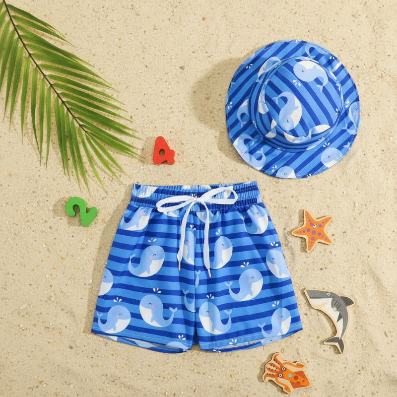 Kids 2 piece printed swim shorts and bucket hat set, quick-dry toddler swimwear