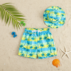 Kids 2 piece printed swim shorts and bucket hat set, quick-dry toddler swimwear