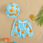 Kids 2 piece printed swim shorts and bucket hat set, quick-dry toddler swimwear