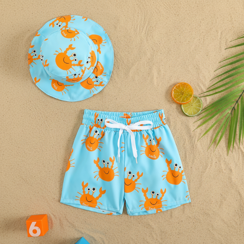 Kids 2 piece printed swim shorts and bucket hat set, quick-dry toddler swimwear