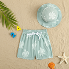 Kids 2 piece printed swim shorts and bucket hat set, quick-dry toddler swimwear