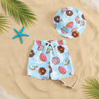 Kids 2 piece printed swim shorts and bucket hat set, quick-dry toddler swimwear