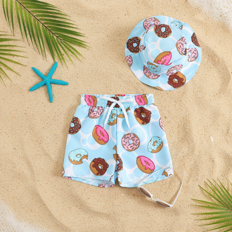 Kids 2 piece printed swim shorts and bucket hat set, quick-dry toddler swimwear