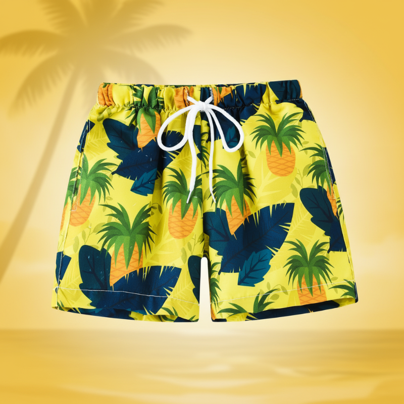 Kids tropical print swim shorts quick-dry elastic waistband above knee