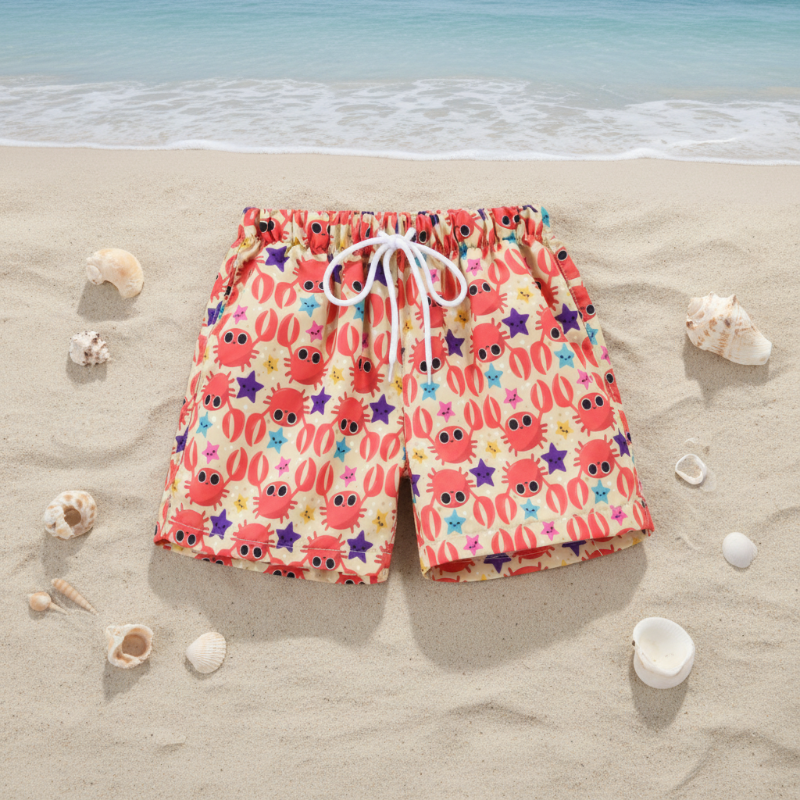 Kids tropical print swim shorts quick-dry elastic waistband above knee