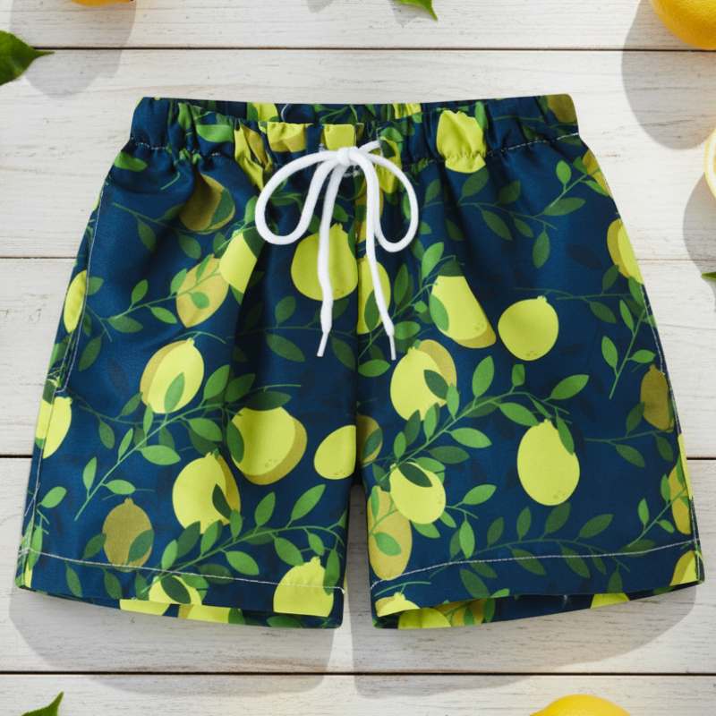 Kids tropical print swim shorts quick-dry elastic waistband above knee