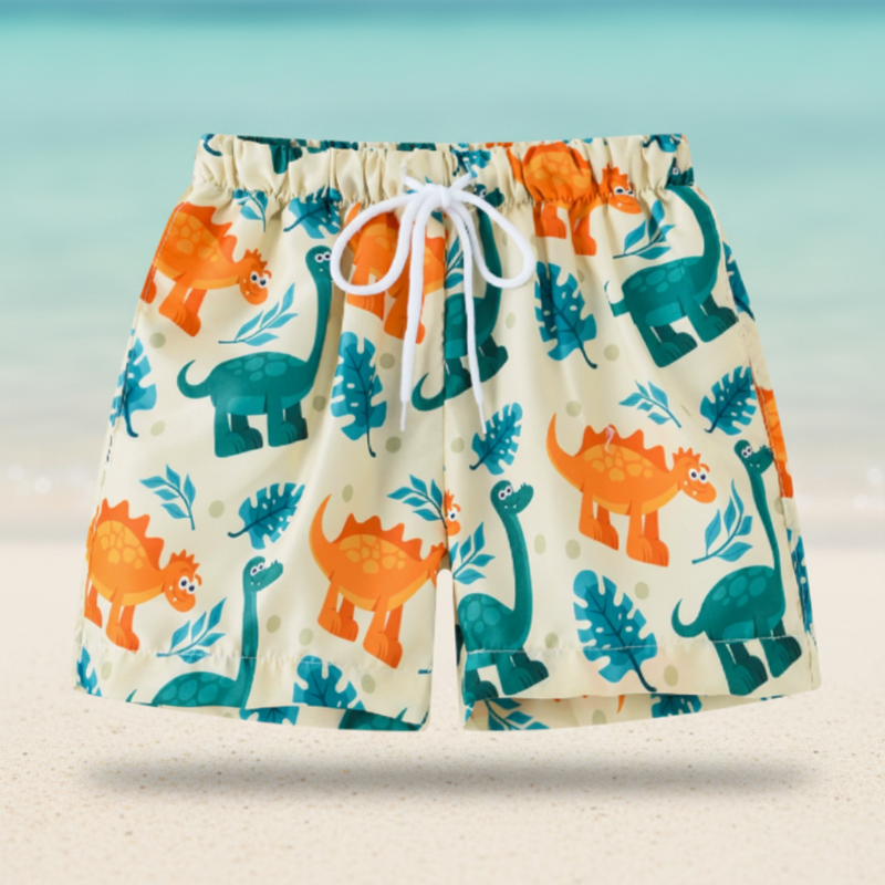 Kids tropical print swim shorts quick-dry elastic waistband above knee