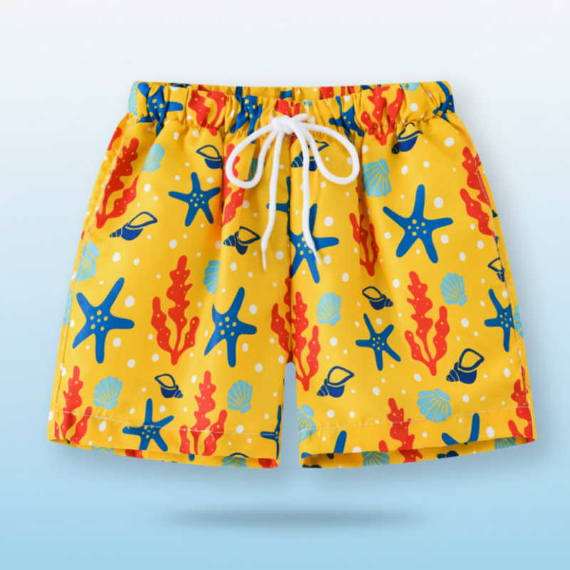 Kids tropical print swim shorts quick-dry elastic waistband above knee