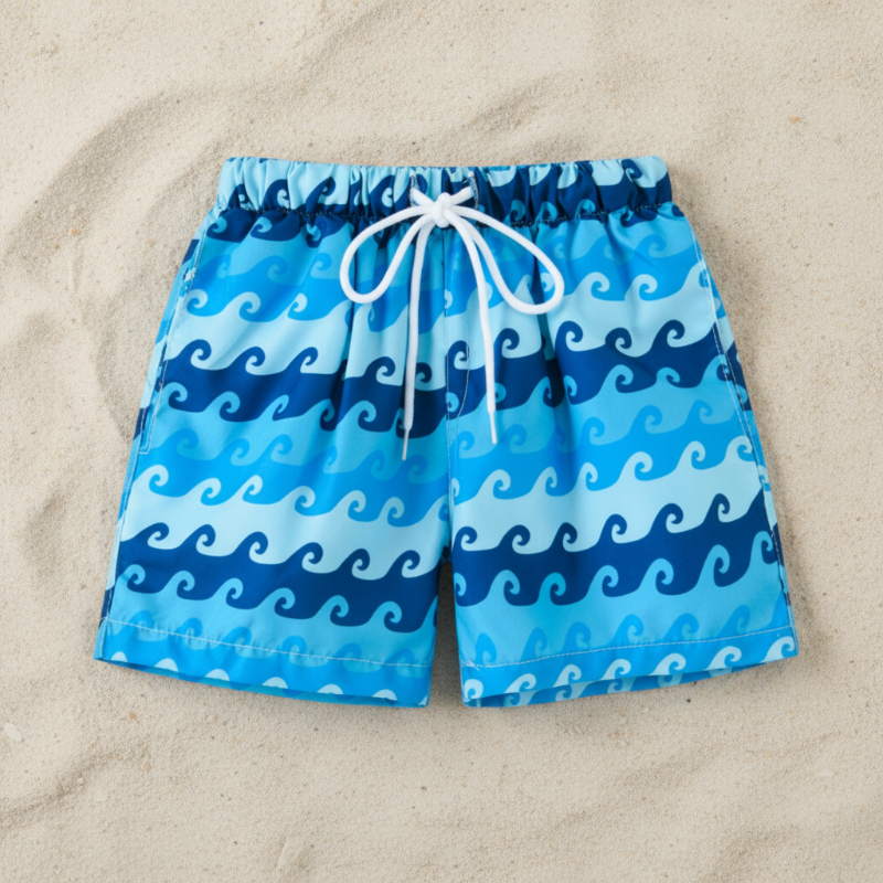Kids tropical print swim shorts quick-dry elastic waistband above knee
