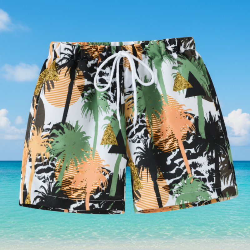 Kids tropical print swim shorts quick-dry elastic waistband above knee