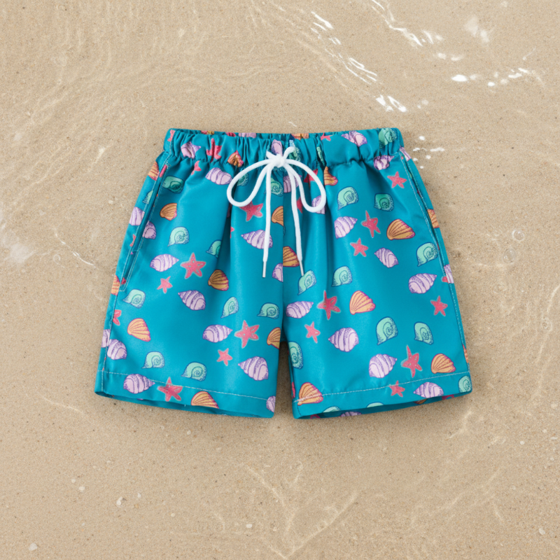 Kids tropical print swim shorts quick-dry elastic waistband above knee
