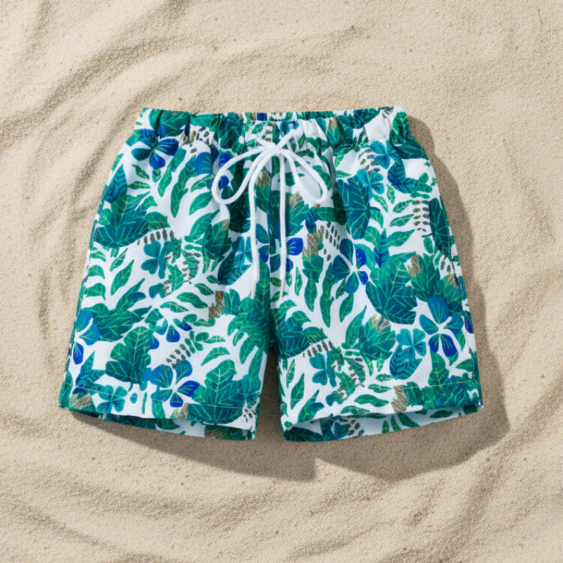Kids tropical print swim shorts quick-dry elastic waistband above knee