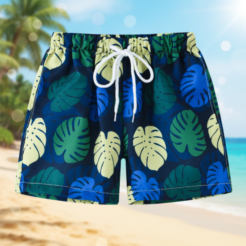 Kids tropical print swim shorts quick-dry elastic waistband above knee