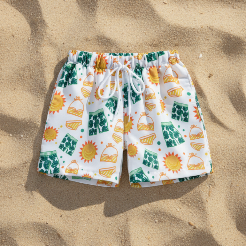 Kids tropical print swim shorts quick-dry elastic waistband above knee