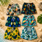 Kids tropical print swim shorts quick-dry elastic waistband above knee