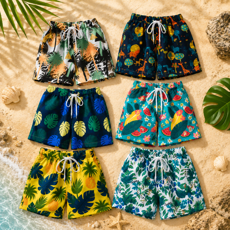 Kids tropical print swim shorts quick-dry elastic waistband above knee