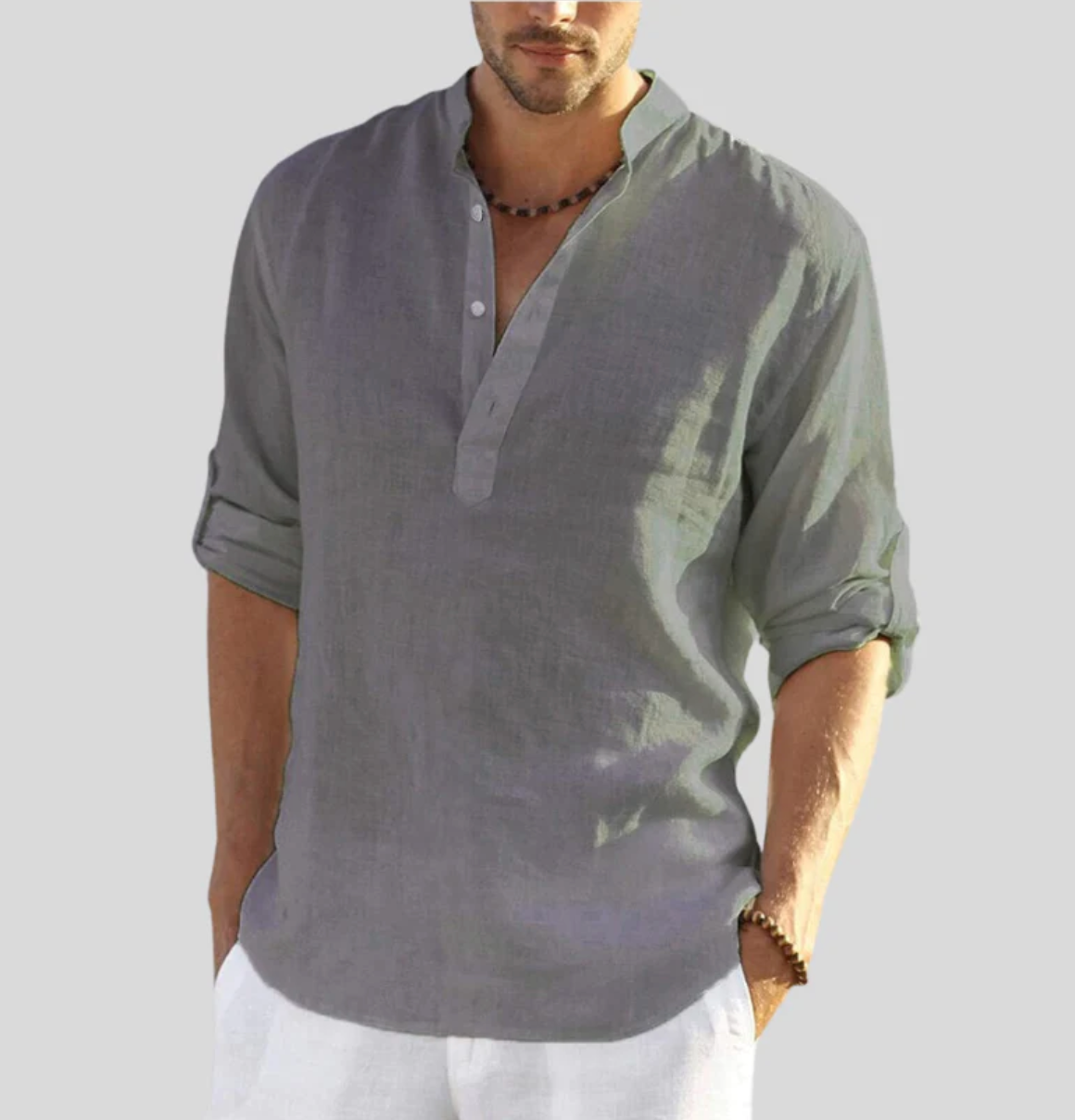 Men linen shirt short button placket with rollable sleeves relaxed fit