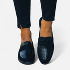 Women's black leather-style slip-on loafers, classic silhouette all-season