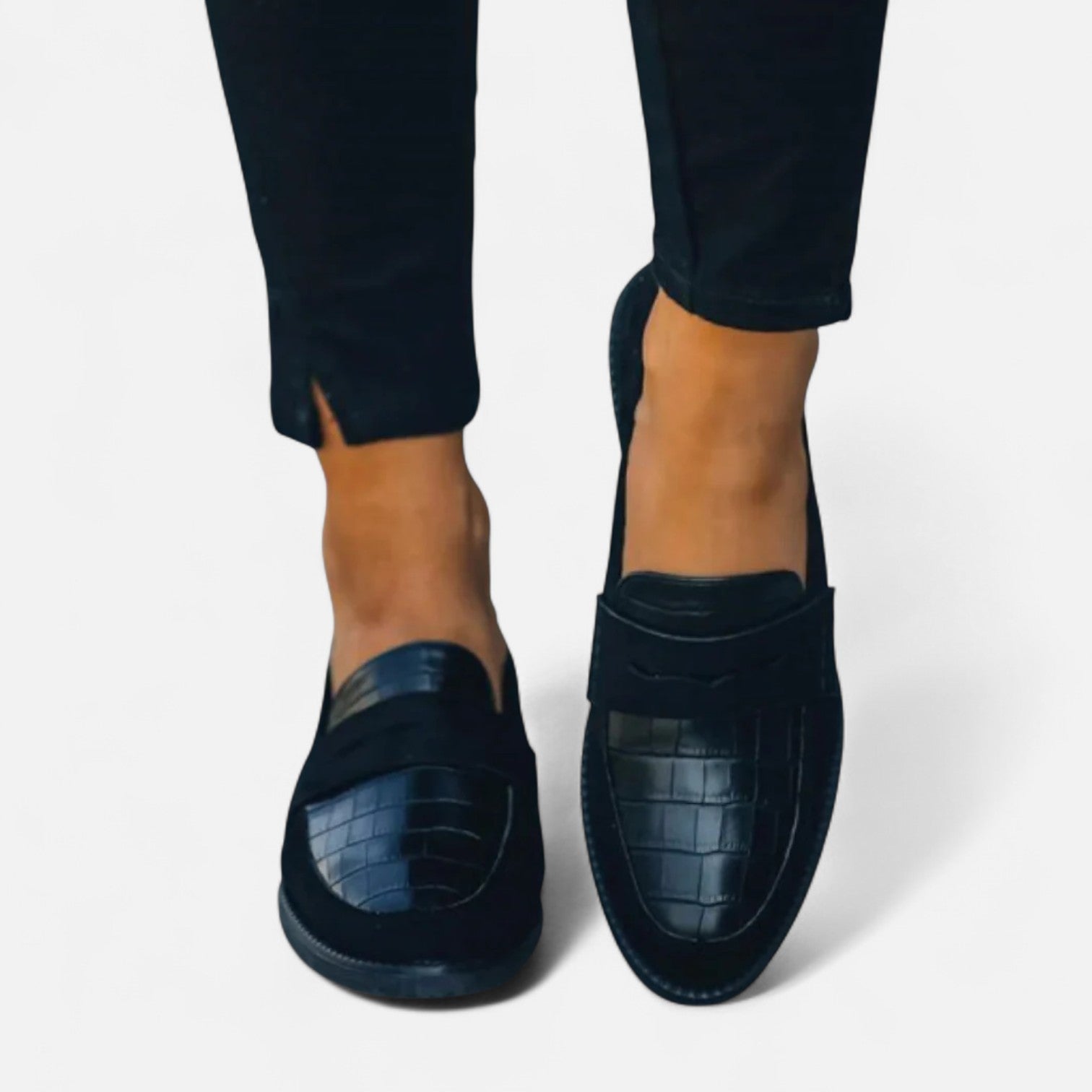 Women's black leather-style slip-on loafers, classic silhouette all-season
