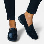 Women's black leather-style slip-on loafers, classic silhouette all-season