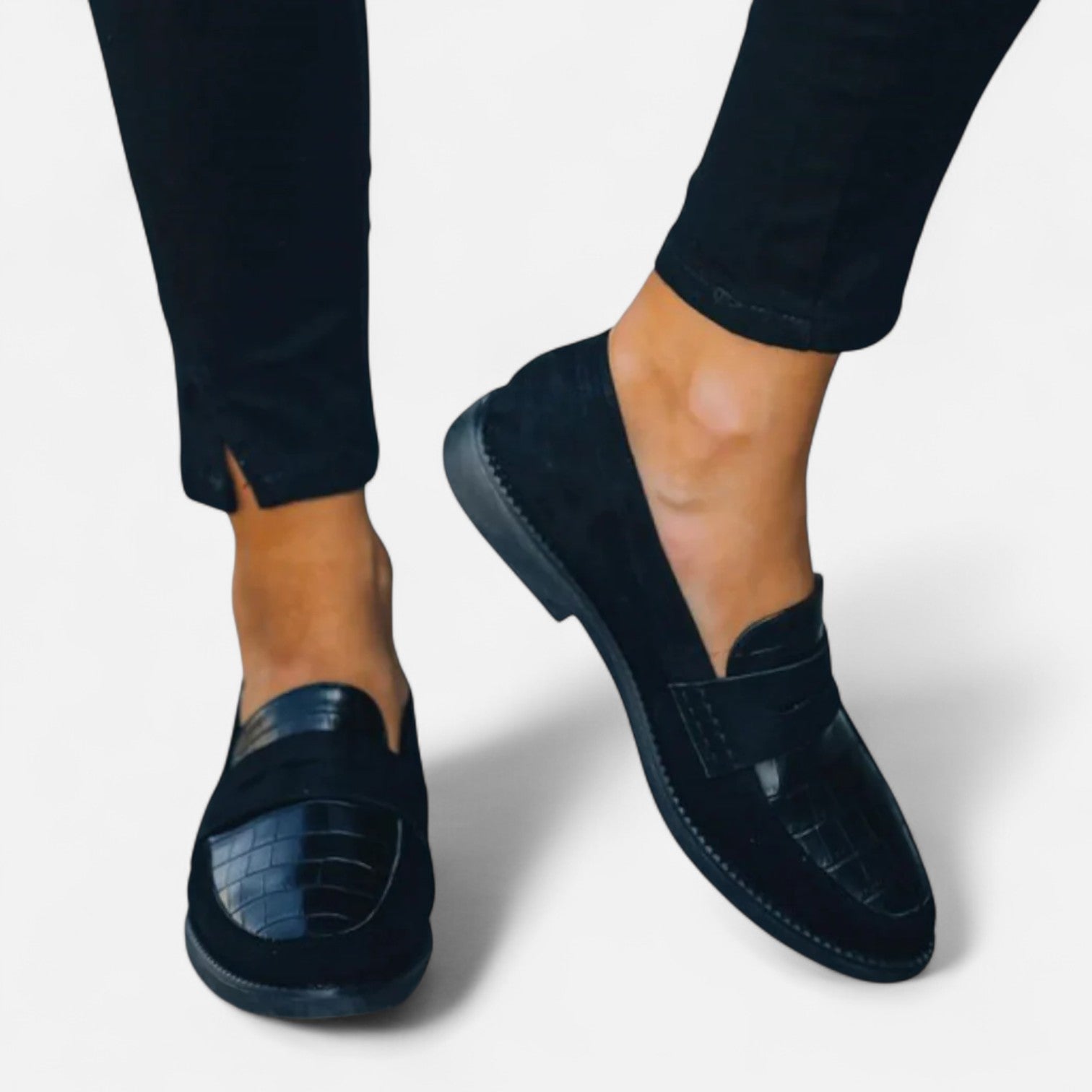 Women's black leather-style slip-on loafers, classic silhouette all-season