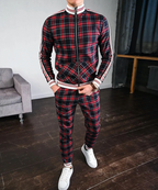 Men's tracksuit set plaid pattern slim fit jacket and pants, casual sportswear
